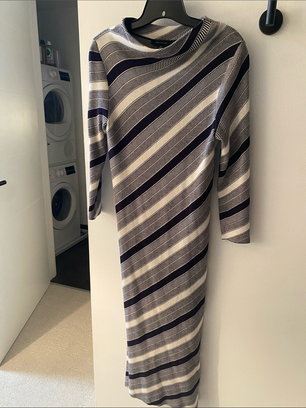 Ann Taylor Striped Midi Dress in Navy and Gray